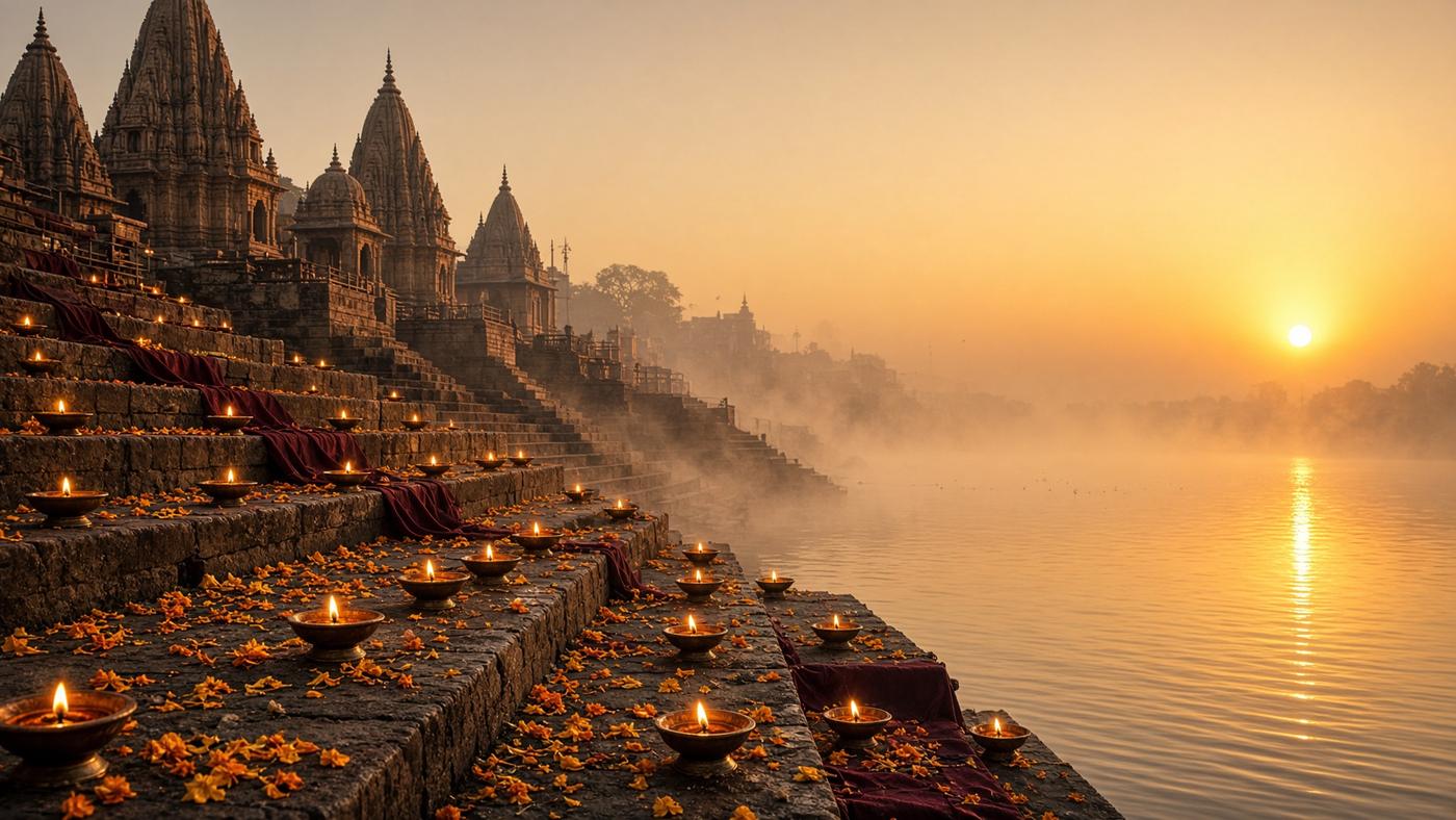 Temple steps and oil lamps at a sacred river ghat
